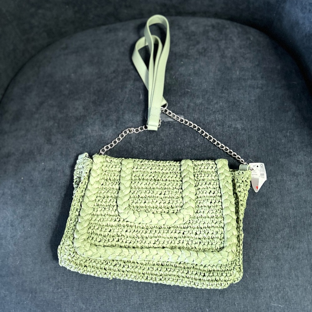 Olive Crossbody Straw Bag with Chain Strap - Addition Elle